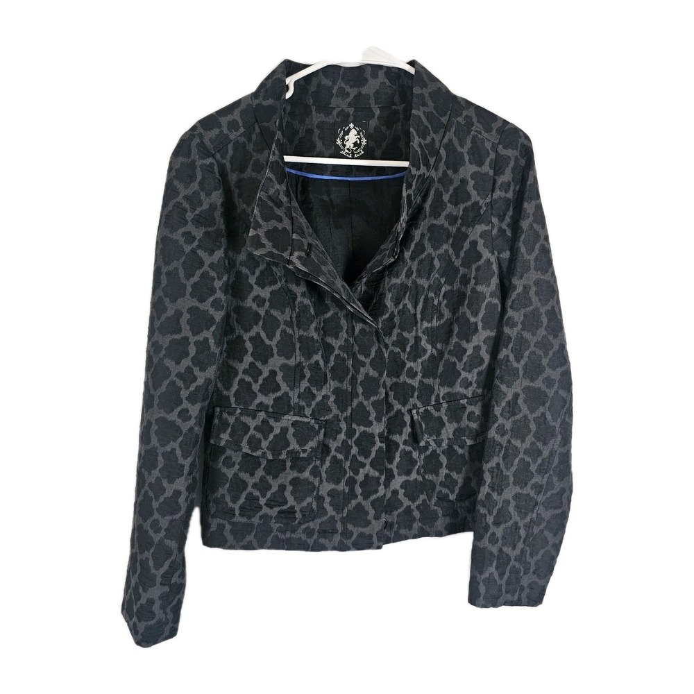 Think Tank Womens Blazer Jacket Small Black Geo Print Hidden Buttons Pockets